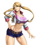  1girl blonde_hair breasts cleavage earrings green_eyes groin gundam gundam_tekketsu_no_orphans heart_earrings jewelry lafter_frankland large_breasts long_hair looking_at_viewer mobile_suit_gundam muscle muscular_female nail_polish navel shinonome_(game_hakkutsu_tai) short_shorts shorts simple_background smile solo thighs toned white_background 