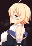  1girl ahoge back blazblue blazblue:_central_fiction blonde_hair blue_eyes blush braid breasts dress es_(xblaze) frills from_behind heavy_breathing highres large_breasts long_hair looking_at_viewer looking_back ocha_(ochappie) parted_lips single_braid solo xblaze_code:_embryo xblaze_lost:_memories 