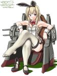  1girl 2017 adapted_costume animal_ears bare_shoulders blonde_hair blue_eyes bow bowtie braid breasts bunnysuit cannon character_name crown dated detached_collar fake_animal_ears french_braid full_body hairband jewelry kantai_collection legs_crossed leotard long_hair machinery mary_janes mini_crown necklace off_shoulder rabbit_ears shoes single_shoe solo tatsumi_rei thigh-highs throne twitter_username warspite_(kantai_collection) white_legwear 