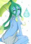  1girl 2017 back backless_outfit bare_back bare_shoulders blue_skin butt_crack character_name dated from_side gecotan goo_girl green_eyes green_hair happy_birthday looking_at_viewer monster_girl monster_musume_no_iru_nichijou open_mouth ribbed_sweater simple_background sitting solo suu_(monster_musume) sweater turtleneck turtleneck_sweater umbrella virgin_killer_sweater white_background 