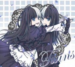  1boy 1girl belt black_coat black_dress black_hair black_ribbon blue_eyes brother_and_sister brown_belt coat crossdressing dress falling_petals grid_background hug jiip_stomach kamen_rider kamen_rider_(1st_series) kamen_rider_gavv kamen_rider_gavv_(series) looking_at_viewer multicolored_hair open_mouth otoko_no_ko petals ribbon siblings siita_stomach twins two-tone_hair user_rwxa2283 white_hair 