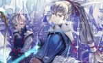  2boys arrow bow_(weapon) father_and_son fire_emblem fire_emblem_if holding holding_weapon japanese_clothes kero_sweet kisaragi_(fire_emblem_if) looking_at_viewer multiple_boys ponytail silver_hair soldier takumi_(fire_emblem_if) weapon 