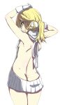  1girl adjusting_hair arm_behind_head arm_up ass backless_outfit bangs bare_arms bare_back bare_shoulders blazblue blonde_hair breasts butt_crack cowboy_shot dress from_behind gloves green_eyes hair_between_eyes halterneck highres kaname_nagi long_hair looking_at_viewer naked_sweater noel_vermillion open-back_dress profile ribbed_sweater sideboob simple_background small_breasts solo sweater sweater_dress thigh_gap virgin_killer_sweater white_background white_gloves white_sweater 