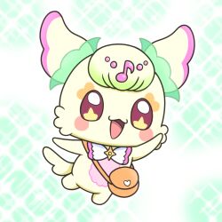 1girl :3 :d arm_up bag blush_stickers bow bowtie brooch commentary creature eighth_note facial_mark fairy four-pointed_star green_background heart heart_facial_mark highres jewelry karon-t kimi_to_idol_precure mascot messenger_bag midair multicolored_fur musical_note no_fingers no_humans open_mouth orange_bag pink_fur pink_trim precure purirun_(precure) red_eyes shoulder_bag smile solo sparkle sparkle_background star-shaped_pupils star_(symbol) star_brooch symbol-shaped_pupils tail two-tone_fur white_bow white_bowtie yellow_fur
