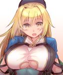  1girl arms_at_sides blonde_hair blush breasts granblue_fantasy hair_between_eyes large_breasts leotard long_hair looking_at_viewer miimu misao_(kami_no_misoshiru) under_boob upper_body 