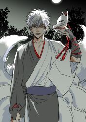 1boy alternate_costume closed_mouth fox_mask fox_tail full_moon gintama grey_bridal_gauntlets grey_kimono holding holding_mask japanese_clothes kimono kitsune long_sleeves male_focus mask moon multiple_tails night night_sky outdoors red_eyes sakata_gintoki sakurana sky solo tail tree two-tone_kimono unworn_mask white_hair white_kimono wide_sleeves 