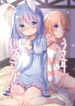  2girls :o animal_ears bangs bare_legs barefoot bed bed_sheet blue_eyes blue_hair blue_ribbon blush breasts commentary_request cover cover_page doujin_cover eyebrows_visible_through_hair finger_to_cheek gochuumon_wa_usagi_desu_ka? hair_between_eyes hand_on_another&#039;s_hand hood hoodie hoto_cocoa indoors kafuu_chino kemonomimi_mode kneehighs long_hair long_sleeves looking_at_viewer multiple_girls nightgown on_bed open_mouth orange_hair pajamas rabbit_ears ribbon short_hair sidelocks sitting small_breasts smile striped_hoodie tousaki_shiina violet_eyes wall 