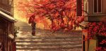  1girl autumn autumn_leaves berabou black_hair dappled_sunlight house japanese_clothes kimono oriental_umbrella original scenery solo stairs sunlight tree umbrella 