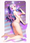  1girl 2017 absurdres artist_name ass bangs bare_arms bare_legs bare_shoulders barefoot bikini blue_eyes blush breasts dated erect_nipples eyebrows_visible_through_hair from_side full_body gradient gradient_hair hand_up henry_davis highres holding kneeling large_breasts lips long_hair multicolored_hair original parted_lips pink_hair pink_lips purple_hair seashell shell signature smile solo strapless strapless_bikini string_bikini striped striped_bikini swimsuit thong thong_bikini toes under_boob 