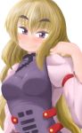  1girl blonde_hair clothes_writing highres juliet_sleeves large_breasts long_hair long_sleeves puffy_sleeves simple_background solo tabard takeu thick_eyebrows touhou violet_eyes yakumo_yukari 