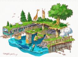  1boy 2025 abandoned animal animal_request brown_hat brown_pants brown_shoes commentary_request dilapidated escalator giraffe hat highres industrial_pipe lying male_focus midriff mushroom navel on_back on_grass original overgrown pants post-apocalypse ruins sheep shirt shoes signature solo starfish tokyogenso traditional_media train tree unworn_hat unworn_headwear water white_background white_shirt 