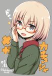  1girl adjusting_glasses bespectacled blonde_hair blue_eyes blush commentary_request dated doyagao eyebrows_visible_through_hair fang girls_und_panzer glasses green_jacket grey_background jacket katyusha lock_heart_(juuryokudou) long_sleeves open_mouth red_shirt shirt short_hair smile solo sparkle translation_request twitter_username upper_body 
