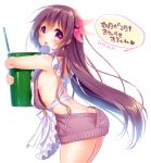  1girl 2017 :d apron arched_back ass backless_outfit blush breasts bucket butt_crack cowboy_shot dated frilled_apron frills from_side hair_between_eyes hair_ornament heart kantai_collection kisaragi_(kantai_collection) long_hair looking_at_viewer medium_breasts minami_(apricot_tea) number object_hug open_mouth pink_eyes sideboob smile solo speech_bubble sweater very_long_hair virgin_killer_sweater white_background 