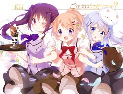  3girls :d ;) alternate_hairstyle animal animal_on_head artist_name blue_bow blue_eyes bow brown_hair bunny_on_head chestnut_mouth copyright_name eyebrows_visible_through_hair food girl_sandwich gochuumon_wa_usagi_desu_ka? high_ponytail highres holding holding_tray hoto_cocoa ice_cream kafuu_chino koi koi_(koisan) long_hair multiple_girls on_head one_eye_closed open_mouth petals purple_bow purple_hair rabbit red_bow sandwiched side_ponytail silver_hair smile sundae tedeza_rize tippy_(gochiusa) tray violet_eyes waitress white_legwear 