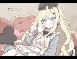  alice_(alice_in_wonderland) alice_in_wonderland apron black_bow black_bowtie blonde_hair blue_dress blue_eyes bow bow_hairband bowtie brown_background chaise_longue club_(shape) collared_dress commentary cup dress english_text frilled_apron frills hair_ornament hairband hairclip highres holding holding_cup holding_saucer long_hair long_sleeves looking_at_viewer mamiro pillow red_couch saucer shirt sitting solo swept_bangs teacup wavy_hair white_apron 
