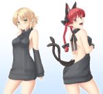  &gt;:( 2girls alternate_costume animal_ears armpit_peek backless_outfit bangs bare_arms bare_back bare_shoulders black_bow blonde_hair blunt_bangs blush bow braid breasts cat_ears cat_tail closed_mouth commentary_request cowboy_shot detached_sleeves dress extra_ears gomi_(gomitin) green_eyes hair_bow halterneck kaenbyou_rin looking_at_viewer medium_breasts mizuhashi_parsee multiple_girls multiple_tails open-back_dress pointy_ears ponytail red_eyes redhead ribbed_sweater sideboob sweater sweater_dress tail touhou turtleneck turtleneck_sweater twin_braids two_tails virgin_killer_sweater 