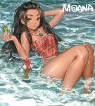  1girl bandeau bare_arms bare_legs bare_shoulders black_hair breasts brown_eyes cleavage copyright_name danann dark_skin jewelry long_hair looking_at_viewer moana_(film) moana_waialiki necklace ocean parted_lips partially_submerged shiny shiny_skin small_breasts smile solo 