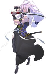  1boy alpha_transparency antenna_hair black_legwear garter_straps japanese_clothes katana lavender_hair long_hair low-tied_long_hair male_focus namaniku_atk official_art red_eyes sandals sengo_muramasa_(touken_ranbu) sheath smile sword tabi thigh-highs touken_ranbu transparent_background weapon 