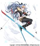  1girl blue_eyes bow braid carchet elaine_(soccer_spirits) goggles goggles_on_head hair_bow jacket long_hair pantyhose plaid plaid_shirt red_eyes shirt single_braid ski_boots ski_gear ski_pole snowman soccer_spirits solo sticks 