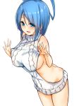  1girl ass back backless_outfit bangs bare_shoulders blue_eyes blue_hair borushichi breasts butt_crack clothes_pull collarbone cowboy_shot dress erect_nipples eyebrows_visible_through_hair groin hair_between_eyes hair_rings halterneck hands_up highres kaku_seiga large_breasts legs_together looking_at_viewer medium_hair naked_sweater no_bra no_panties no_underwear open-back_dress open_mouth pulled_by_self ribbed_sweater sideboob sidelocks simple_background smile solo sweater sweater_dress sweater_pull touhou turtleneck turtleneck_sweater virgin_killer_sweater white_background white_dress 
