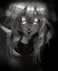  1girl armor black_sclera chaos_(warhammer) chiaroscuro colored_sclera commentary glowing glowing_eyes greyscale kkghost_tv medium_hair monochrome parted_lips portrait solo warhammer_40k 