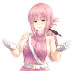1girl 2017 bangs belt blush braid breasts dated eyebrows_visible_through_hair fate/grand_order fate_(series) florence_nightingale_(fate/grand_order) gloves hands_up kirisaki_byakko large_breasts long_hair looking_at_viewer no_bra parted_lips pink_eyes pink_hair pink_sweater sideboob simple_background single_braid solo strap_cleavage twitter_username type-moon virgin_killer_sweater white_background white_gloves
