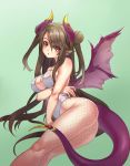  1girl ass bangs bare_shoulders beatrice_(soccer_spirits) berlin_blue breast_hold breasts brown_hair cleavage collarbone dragon_girl dragon_horns dragon_tail dragon_wings eyebrows_visible_through_hair fishnet_pantyhose fishnets green_background hair_between_eyes highres horns legs_together leotard long_hair looking_at_viewer lying medium_breasts on_side open_mouth pantyhose red_eyes simple_background soccer_spirits solo tail twintails very_long_hair white_leotard wings 