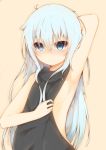  1girl absurdres arm_behind_back arm_up armpits backless_outfit bare_shoulders black_dress blue_eyes blue_hair blush breasts closed_mouth dress eyebrows eyebrows_visible_through_hair hair_between_eyes halterneck hibiki_(kantai_collection) highres kantai_collection long_hair looking_at_viewer naked_sweater no_bra nude open-back_dress ribbed_sweater sideboob simple_background small_breasts solo sorahachi_(sora823) sweater sweater_dress turtleneck turtleneck_sweater upper_body virgin_killer_sweater 