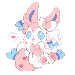  blue_eyes body_fur chibi full_body heart highres maaari_pkmn no_humans pink_background pink_fur pokemon pokemon_(creature) simple_background speech_bubble spoken_heart sylveon 