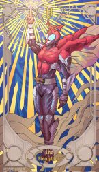  1boy armor belt blue_eyes bodysuit card card_(medium) compound_eyes full_body giganticbrush gloves helmet highres horns kabuto_zecter kamen_rider kamen_rider_kabuto kamen_rider_kabuto_(series) male_focus mask pointing pointing_up rider_belt rider_belt_(kabuto) single_horn solo standing tarot tarot_(medium) tarot_card the_hierophant_(tarot) 
