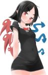  1girl arms_behind_back asymmetrical_wings black_dress black_hair blush breasts collarbone covered_navel dress highres houjuu_nue microdress open_eyes pointy_ears red_eyes simple_background skin_tight small_breasts smile solo takeu thick_eyebrows touhou wide_hips wings 