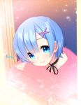  1girl alternate_costume blue_eyes blue_hair blush choker curtains hair_ornament hair_ribbon looking_at_viewer pink_ribbon re:zero_kara_hajimeru_isekai_seikatsu rem_(re:zero) ribbon ribbon_choker shirahane_nao short_hair smile solo sweater window x_hair_ornament 