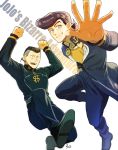  2boys 302 anchor_symbol aqua_eyes artist_name black_hair copyright_name earrings facial_mark gakuran grin hand_in_pocket heart higashikata_jousuke jewelry jojo_no_kimyou_na_bouken male_focus multiple_boys nijimura_okuyasu open_mouth peace_symbol pompadour purple_hair school_uniform signature smile stud_earrings 