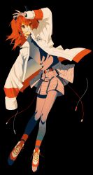  1girl a.i._voice adachi_rei belt_pouch black_background black_shirt cable drawstring full_body grey_shorts highres hirune_(suiminbusoku118) jacket long_sleeves looking_at_viewer open_clothes open_jacket orange_eyes orange_hair pantyhose pouch shirt shoes shorts simple_background solo utau white_jacket 