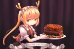  1girl :3 allen_(makaroll) blonde_hair closed_mouth collared_shirt dragon_girl dragon_horns dragon_tail_steak dress english food frilled_sleeves frills from_side gloves heart heart-shaped_pupils holding horns kobayashi-san_chi_no_maidragon long_hair looking_at_viewer maid maid_headdress meat necktie puffy_short_sleeves puffy_sleeves red_eyes red_necktie shirt short_sleeves solo sparkle symbol-shaped_pupils tooru_(maidragon) tray twintails upper_body vegetable white_gloves wing_collar 