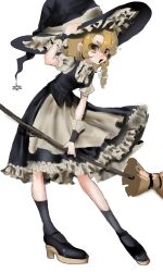  1girl apron black_dress black_hat black_shoes black_socks blonde_hair bow bowtie braid broom buttons dress fang full_body hair_between_eyes hair_bow hand_on_headwear hand_up haniwa_kue hat hat_ornament highres holding holding_broom kirisame_marisa looking_at_viewer open_mouth puffy_short_sleeves puffy_sleeves shirt shoes short_hair short_sleeves single_braid skin_fang smile socks solo standing star_(symbol) star_hat_ornament touhou turtleneck turtleneck_shirt v-shaped_eyebrows white_apron white_bow white_bowtie white_shirt witch_hat wrist_cuffs yellow_eyes 