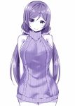  1girl arms_at_sides arms_behind_back long_hair looking_at_viewer love_live! love_live!_school_idol_project monochrome purple ribbed_sweater simple_background sky_(freedom) sleeveless smile solo sweater toujou_nozomi turtleneck turtleneck_sweater twintails virgin_killer_sweater white_background 
