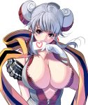  1girl ahoge blush breasts center_opening cleavage collarbone earrings facial_mark gloves heart highres horns huge_breasts jewelry looking_at_viewer masao mouth_hold original paper short_hair sidelocks silver_hair simple_background solo violet_eyes white_background white_gloves zipper 