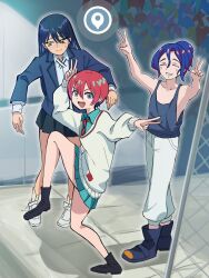  1boy 2girls amate_yuzuriha black_hair blazer blue_eyes collared_shirt denim gundam gundam_gquuuuuux high_school_girls_posing_for_google_street_view_(meme) highres jacket jeans liom_kazuya long_hair looking_at_viewer medium_hair meme miniskirt multiple_girls necktie nyaan_(gundam_gquuuuuux) pants shirt shuji_ito skirt white_shirt 