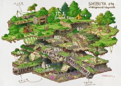  2025 abandoned arrow_(symbol) clothesline crosswalk dilapidated dog escalator grey_background highres moss no_humans original overgrown post-apocalypse ruins scenery shirt signature simple_background socks stairs statue tent tokyogenso train translation_request tree unworn_shirt unworn_socks water waterfall white_shirt white_socks wreckage 