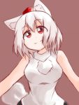  1girl animal_ears bare_shoulders breasts brown_background hat inubashiri_momiji looking_at_viewer momiji5959 pom_pom_(clothes) red_eyes short_hair silver_hair simple_background solo tail tokin_hat touhou wolf_ears wolf_tail 
