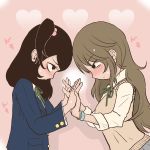  2girls black_hair blazer blush brown_hair commentary hair_bobbles hair_ornament hands_together heart heart_background interlocked_fingers jacket looking_at_another mochi_au_lait multiple_girls one_side_up original school_uniform sweatdrop sweater_vest yuri 