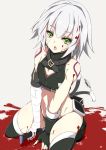  1girl assassin_of_black bandaged_arm black_gloves black_legwear black_panties blood blood_splatter boots breasts cat_tail cleavage cleavage_cutout elbow_gloves fate/apocrypha fate_(series) fingerless_gloves gloves green_eyes kneeling mutou_kurihito open_mouth panties scar short_hair silver_hair single_glove small_breasts solo string_panties tail tail_wagging tattoo thigh-highs thigh_boots underwear weapon 
