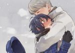  1boy 1girl blue_eyes blue_hair blush chanosuke closed_eyes coat full-face_blush gloves grey_hair hat hat_removed headwear_removed hug narukami_yuu persona persona_4 plaid plaid_jacket reverse_trap scarf shirogane_naoto short_hair snowing visible_air wavy_mouth winter_clothes winter_coat 