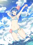  1girl :d absurdres armpits artist_request bikini blue_eyes blue_hair bracelet breasts clouds day derivative_work droplet flower hair_flower hair_ornament highres jewelry long_hair looking_at_viewer medium_breasts ocean open_mouth outstretched_arm saiki_kusuo_no_psi_nan sky smile solo stomach striped striped_bikini swimsuit teruhashi_kokomi water 