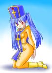  1girl blue_hair bodysuit breasts dragon_quest dragon_quest_iii fukami_natsuki full_body gloves hat highres long_hair mitre orange_bodysuit priest_(dq3) red_eyes skin_tight solo tabard 