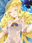  blonde_hair braid closed_eyes cosmog lillie_(pokemon) lying nikorashi-ka on_back open_mouth pokemon pokemon_(game) pokemon_sm rainbow shirt sleeping straight_hair white_shirt 