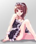  1girl bare_shoulders breasts brown_hair cleavage dress frilled_dress frills leg_up long_hair looking_at_viewer maid maid_headdress original puyon_(puyon) red_eyes sitting smile solo strapless strapless_dress 