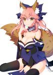  1girl \n/ ameshizuku_natsuki animal_ears blue_legwear bow breasts cleavage detached_sleeves fate/extra fate/grand_order fate_(series) fox_ears fox_tail hair_bow hair_ribbon japanese_clothes large_breasts looking_at_viewer pink_hair ribbon simple_background sitting solo tail tamamo_(fate)_(all) tamamo_no_mae_(fate) thighs wariza white_background yellow_eyes 