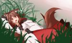  1girl animal_ears breasts brooch brown_hair dress fang horkew. imaizumi_kagerou jewelry long_sleeves lying on_side open_mouth red_eyes solo tail touhou wide_sleeves wolf_ears wolf_tail 